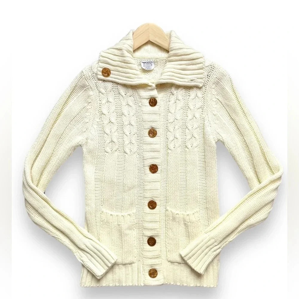 Vintage Hand Loomed Ivory Cable Knit Button Front Cardigan Sweater
